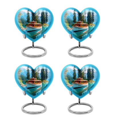Soft Blue Boat Cremation Urn angled view of lid and engraved motif - compassionate heart-boat combination with gentle curves - 10 inch aluminum urn for cremated remains