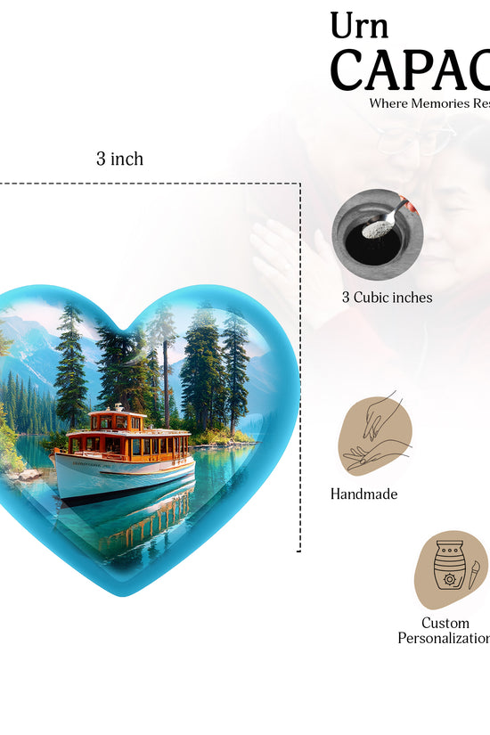 Soft Blue Boat Cremation Urn front view showing detailed design - romantic heart urn with boat motif on aluminum - mini keepsake memorial for portion of cremation ashes