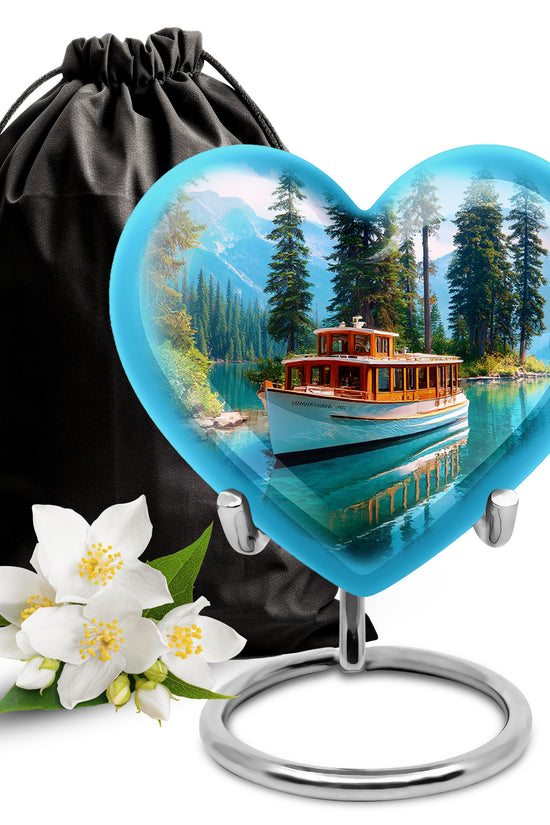 Sapphire Blue Boat Cremation Urn detail view - romantic heart urn with boat motif on aluminum - full-size 10 inch 200 cubic inch adult cremation urn
