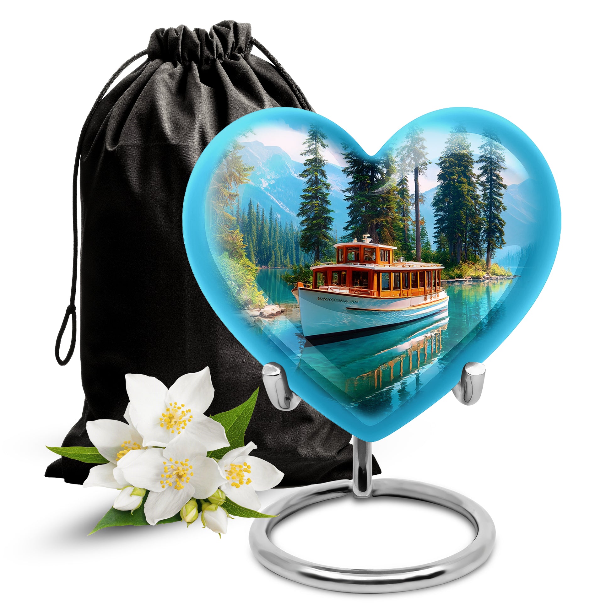 Sapphire Blue Boat Cremation Urn detail view - romantic heart urn with boat motif on aluminum - full-size 10 inch 200 cubic inch adult cremation urn