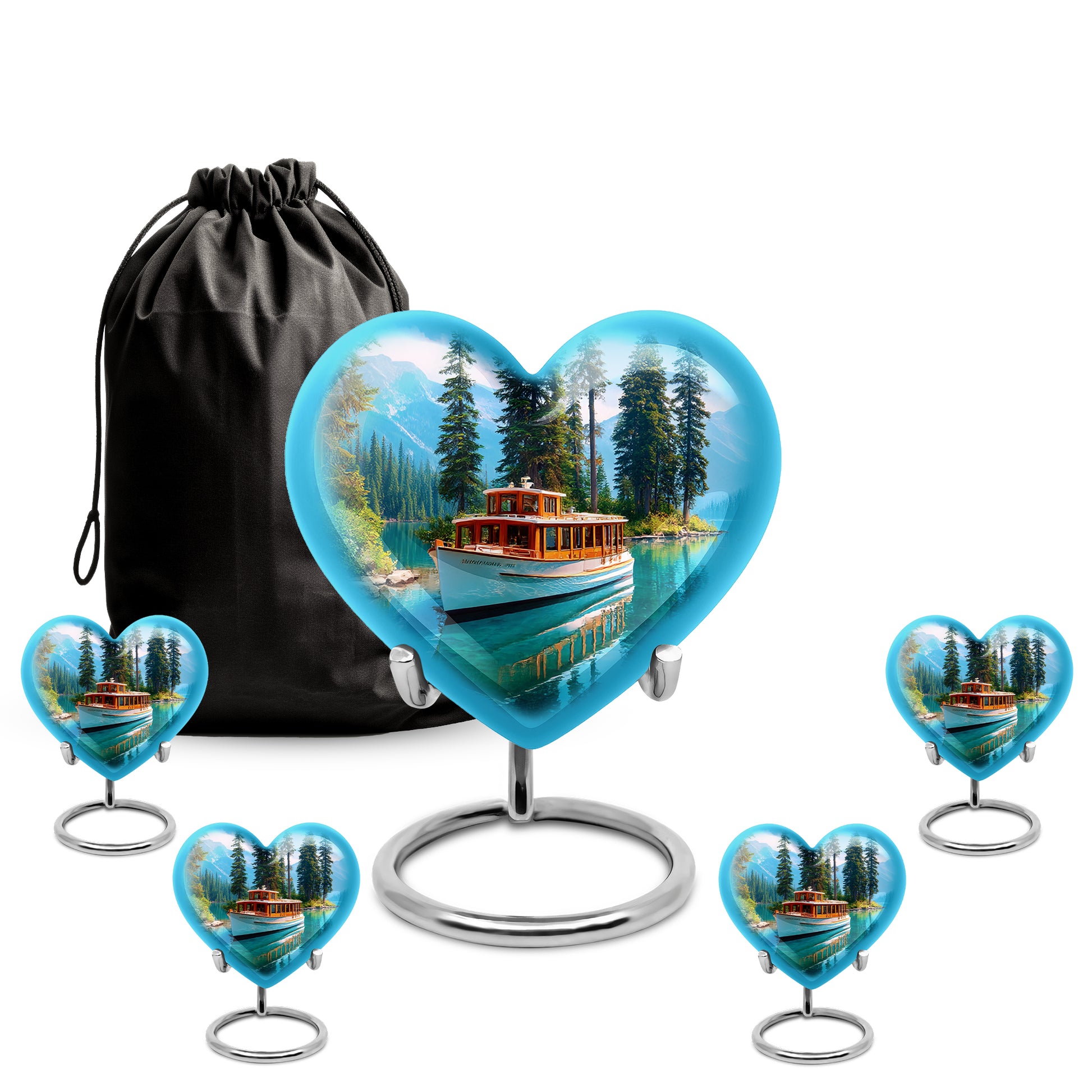 Slate Blue Boat Cremation Urn close-up of engraving and surface detail - heart-shaped boat design symbolizing eternal love - memorial set with one large and four small urns