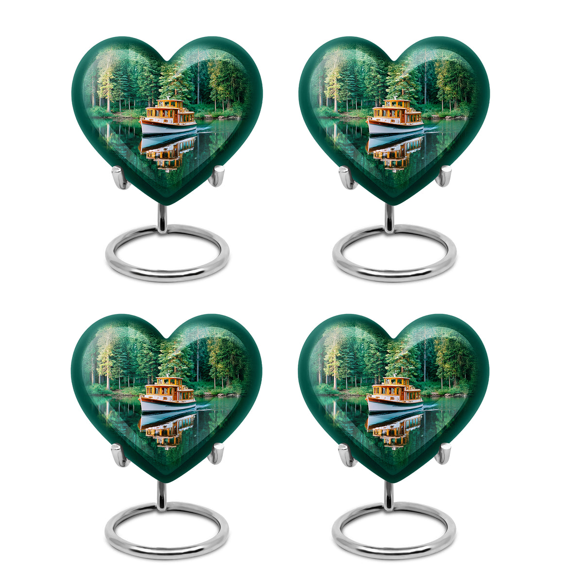 Jewel Teal Boat Cremation Urn angled view of lid and engraved motif - heart-shaped boat design symbolizing eternal love - 10 inch aluminum urn for cremated remains