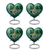 Jewel Teal Boat Cremation Urn angled view of lid and engraved motif - heart-shaped boat design symbolizing eternal love - 10 inch aluminum urn for cremated remains