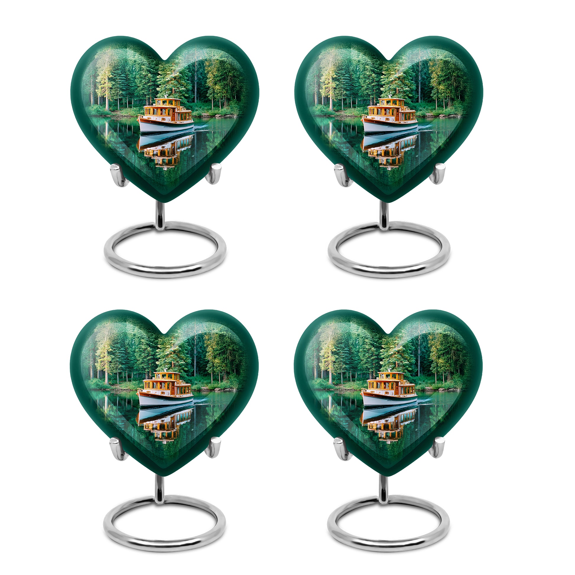 Jewel Teal Boat Cremation Urn angled view of lid and engraved motif - heart-shaped boat design symbolizing eternal love - 10 inch aluminum urn for cremated remains