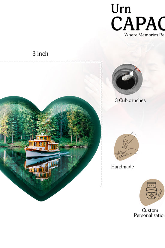 Mystic Teal Boat Cremation Urn front view showing detailed design - compassionate heart-boat combination with gentle curves - mini keepsake memorial for portion of cremation ashes