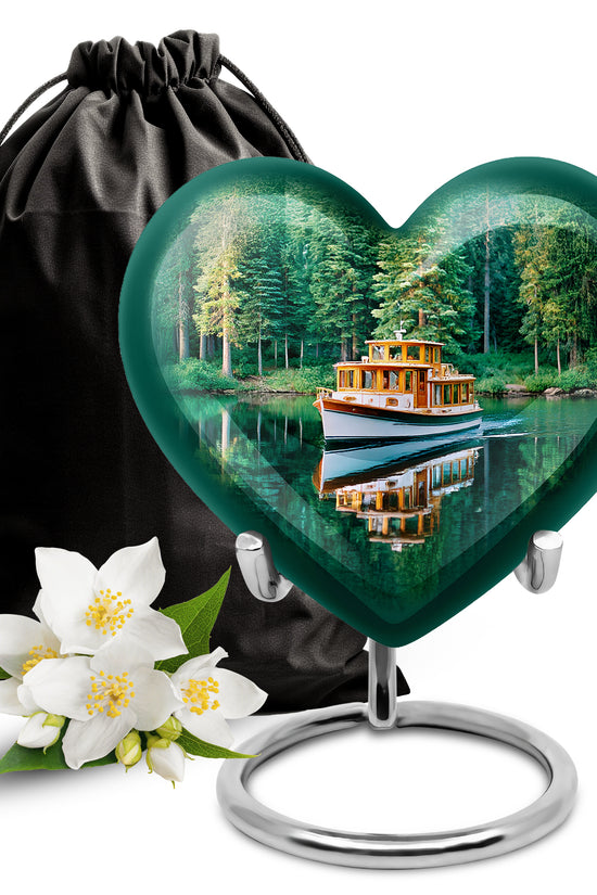 Jewel Teal Boat Cremation Urn detail view - heart-shaped boat design symbolizing eternal love - full-size 10 inch 200 cubic inch adult cremation urn
