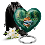Jewel Teal Boat Cremation Urn detail view - heart-shaped boat design symbolizing eternal love - full-size 10 inch 200 cubic inch adult cremation urn
