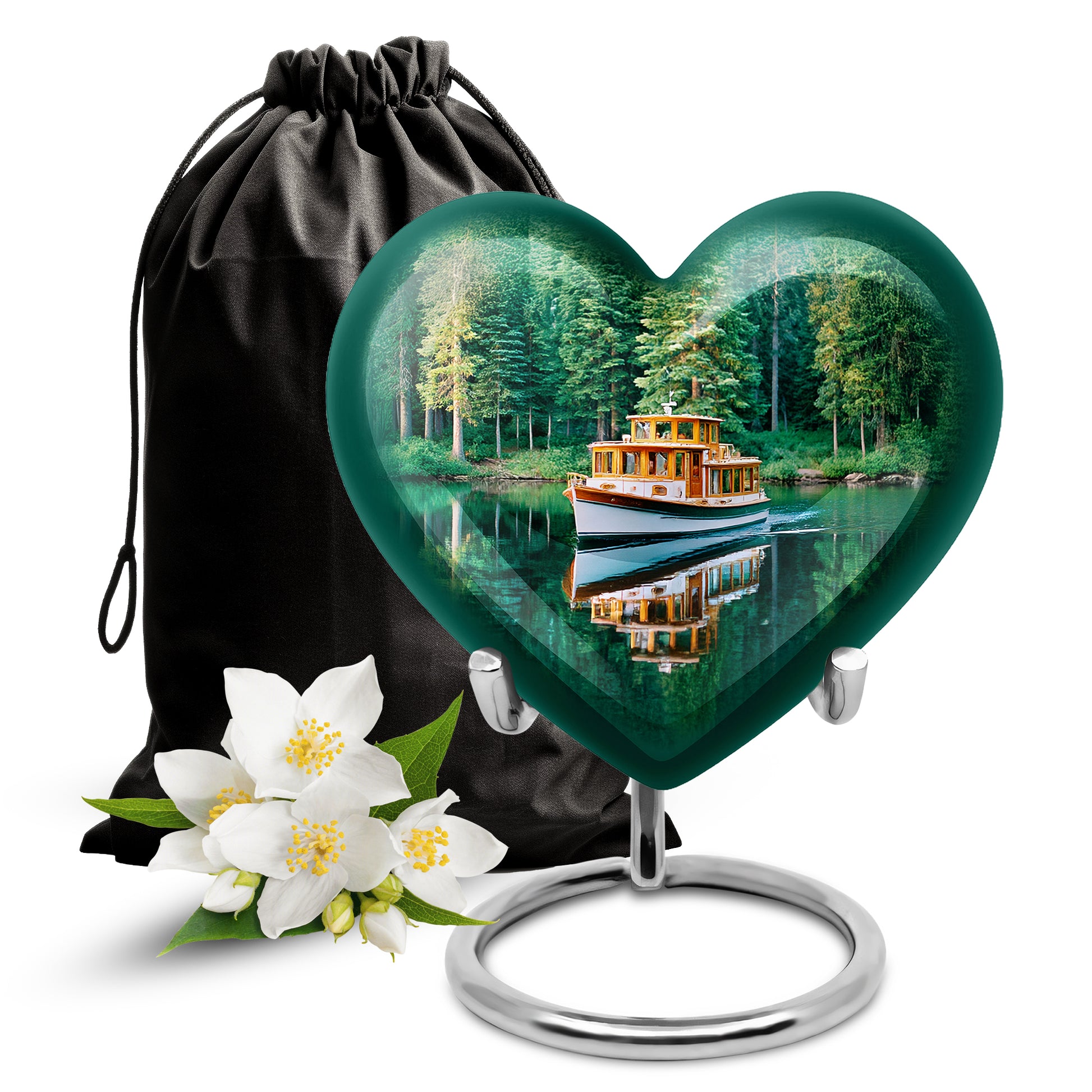 Jewel Teal Boat Cremation Urn detail view - heart-shaped boat design symbolizing eternal love - full-size 10 inch 200 cubic inch adult cremation urn