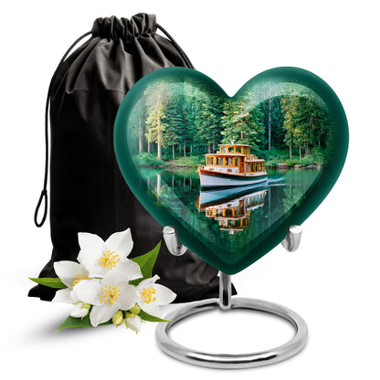 Jewel Teal Boat Cremation Urn detail view - heart-shaped boat design symbolizing eternal love - full-size 10 inch 200 cubic inch adult cremation urn