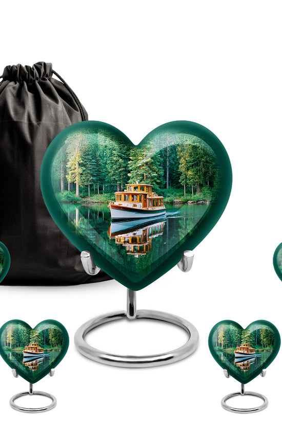 Vivid Teal Boat Cremation Urn close-up of engraving and surface detail - romantic heart urn with boat motif on aluminum - memorial set with one large and four small urns