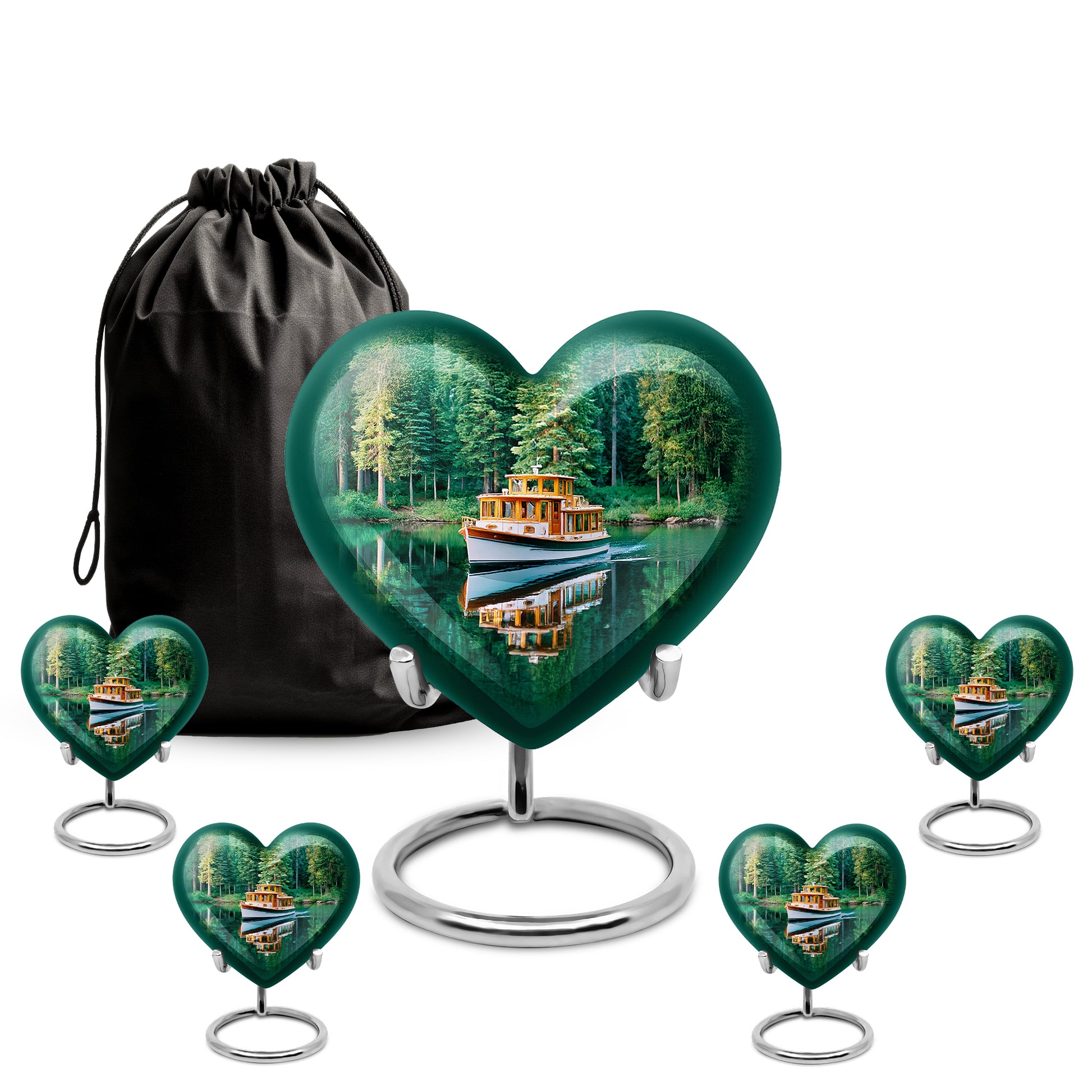 Vivid Teal Boat Cremation Urn close-up of engraving and surface detail - romantic heart urn with boat motif on aluminum - memorial set with one large and four small urns