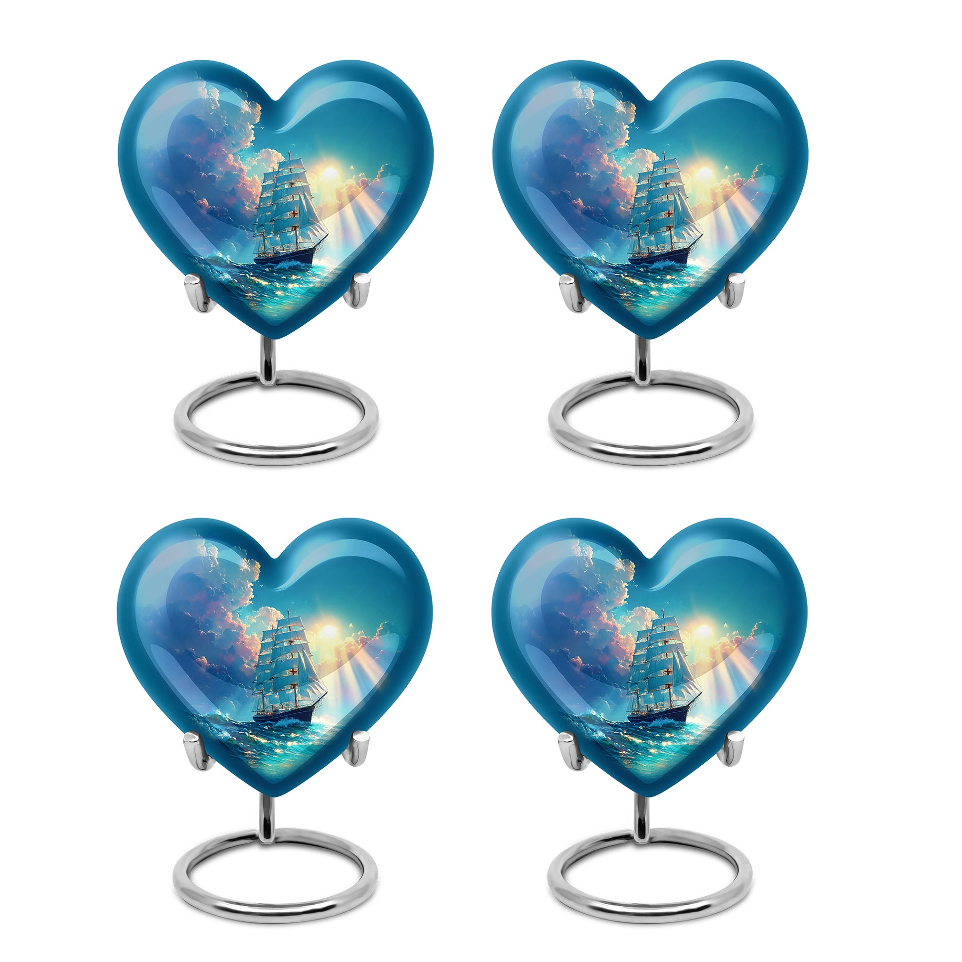 Ocean Teal Boat Cremation Urn angled view of lid and engraved motif - loving heart memorial featuring boat pattern - 10 inch aluminum urn for cremated remains