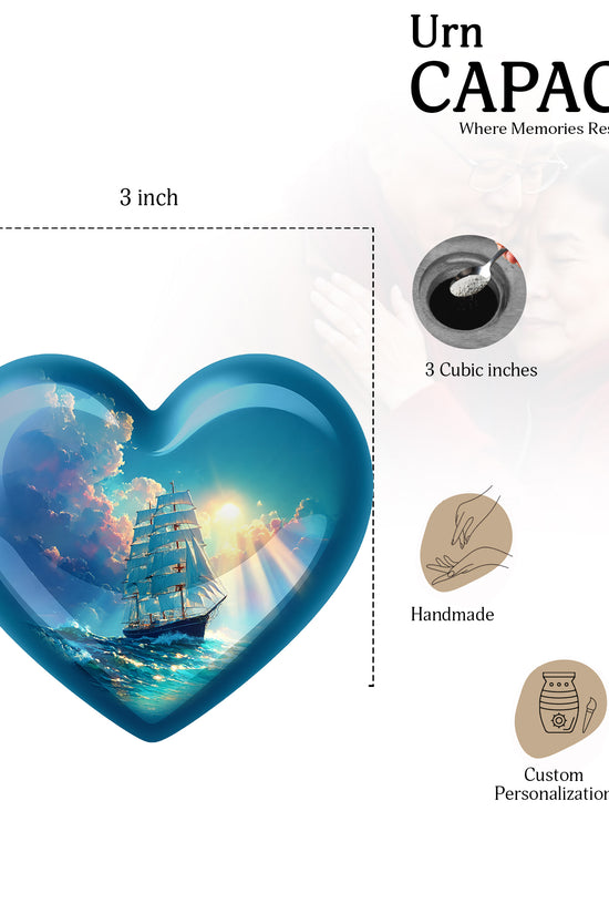 Vivid Teal Boat Cremation Urn front view showing detailed design - romantic heart urn with boat motif on aluminum - mini keepsake memorial for portion of cremation ashes