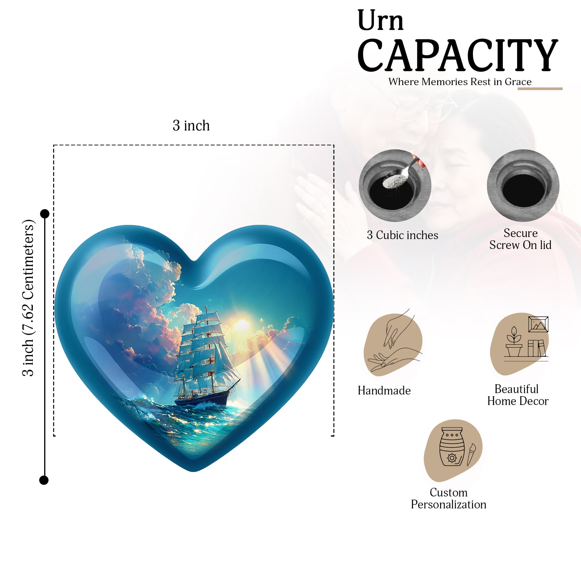 Vivid Teal Boat Cremation Urn front view showing detailed design - romantic heart urn with boat motif on aluminum - mini keepsake memorial for portion of cremation ashes