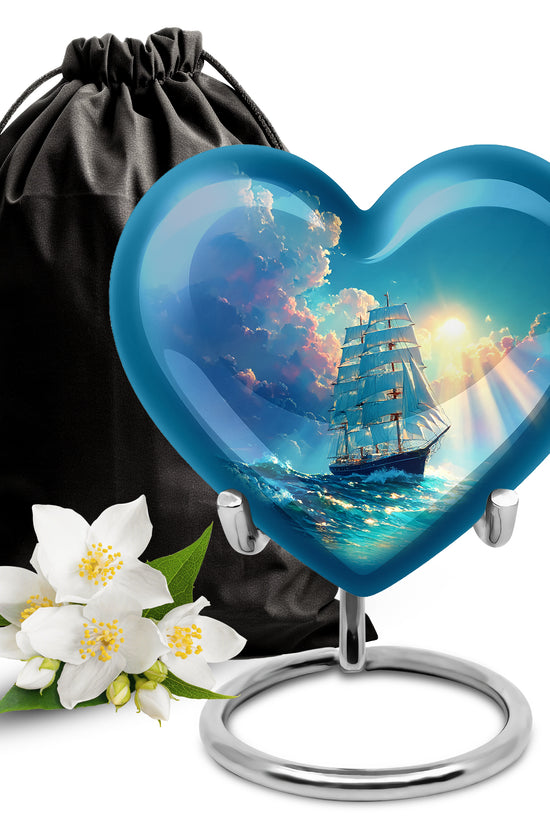Aqua Teal Boat Cremation Urn detail view - romantic heart urn with boat motif on aluminum - full-size 10 inch 200 cubic inch adult cremation urn