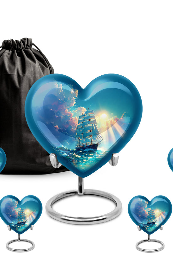 Ocean Teal Boat Cremation Urn close-up of engraving and surface detail - loving heart memorial featuring boat pattern - memorial set with one large and four small urns