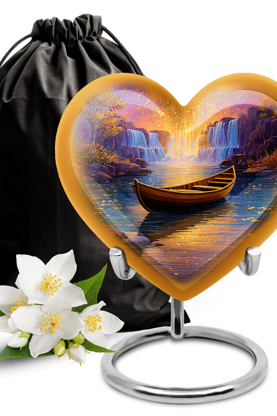 Soft Pink Boat Cremation Urn detail view - romantic heart urn with boat motif on aluminum - full-size 10 inch 200 cubic inch adult cremation urn