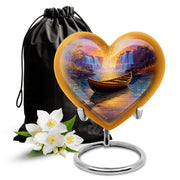 Soft Pink Boat Cremation Urn detail view - romantic heart urn with boat motif on aluminum - full-size 10 inch 200 cubic inch adult cremation urn
