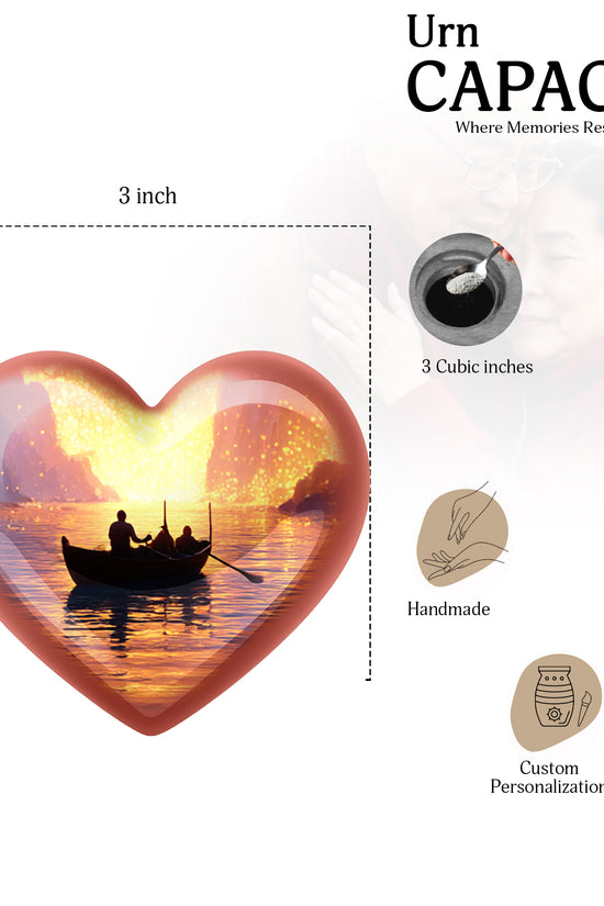 Deep Red Boat Cremation Urn front view showing detailed design - heart-shaped boat design symbolizing eternal love - mini keepsake memorial for portion of cremation ashes
