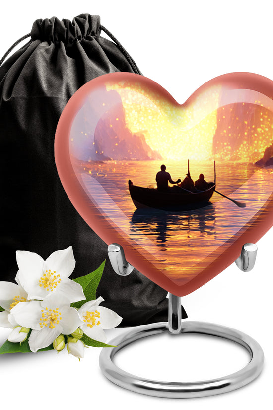 Deep Red Boat Cremation Urn detail view - heart-shaped boat design symbolizing eternal love - full-size 10 inch 200 cubic inch adult cremation urn