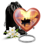 Deep Red Boat Cremation Urn detail view - heart-shaped boat design symbolizing eternal love - full-size 10 inch 200 cubic inch adult cremation urn