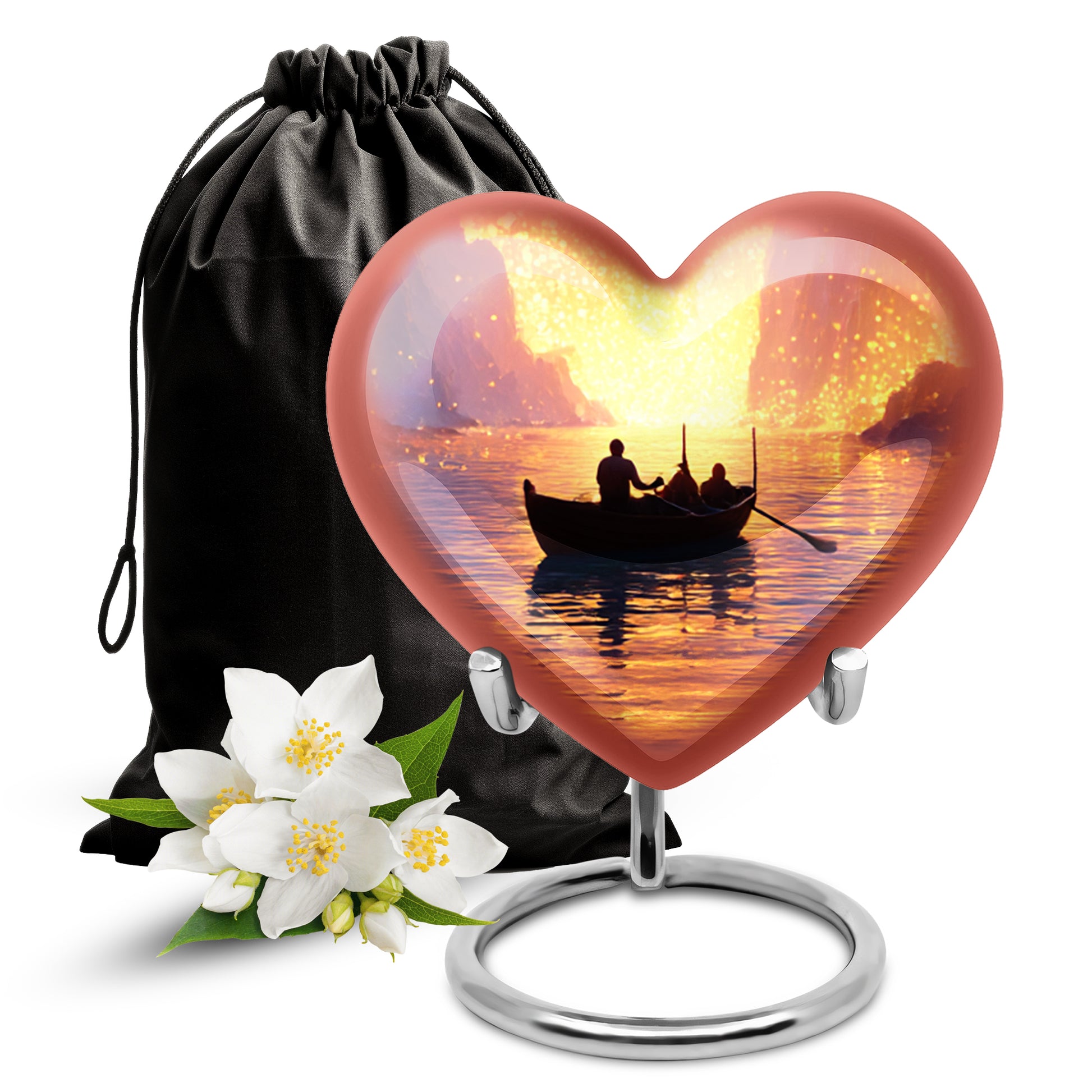 Deep Red Boat Cremation Urn detail view - heart-shaped boat design symbolizing eternal love - full-size 10 inch 200 cubic inch adult cremation urn
