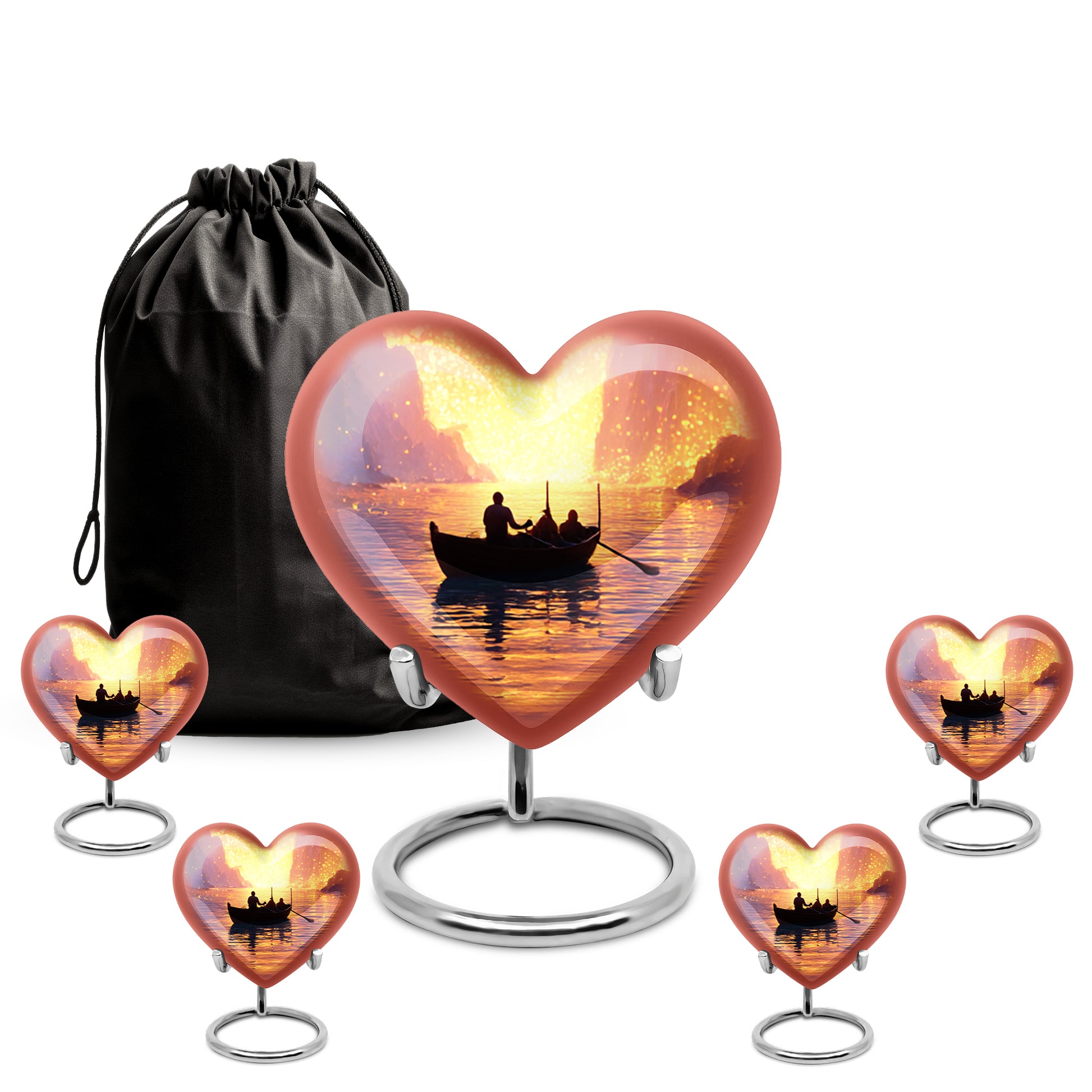 Ruby Red Boat Cremation Urn close-up of engraving and surface detail - romantic heart urn with boat motif on aluminum - memorial set with one large and four small urns
