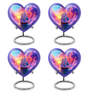 Grape Purple Boat Cremation Urn angled view of lid and engraved motif - compassionate heart-boat combination with gentle curves - 10 inch aluminum urn for cremated remains