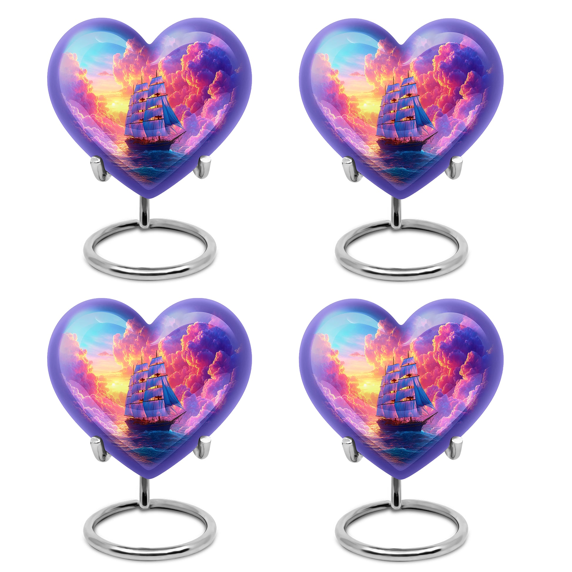 Grape Purple Boat Cremation Urn angled view of lid and engraved motif - compassionate heart-boat combination with gentle curves - 10 inch aluminum urn for cremated remains