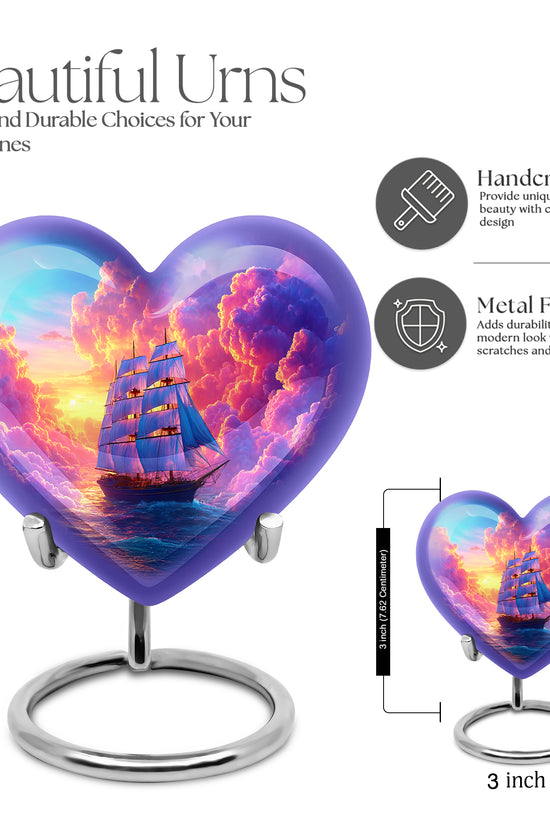Lavender Purple Boat Cremation Urn front view showing detailed design - romantic heart urn with boat motif on aluminum - mini keepsake memorial for portion of cremation ashes