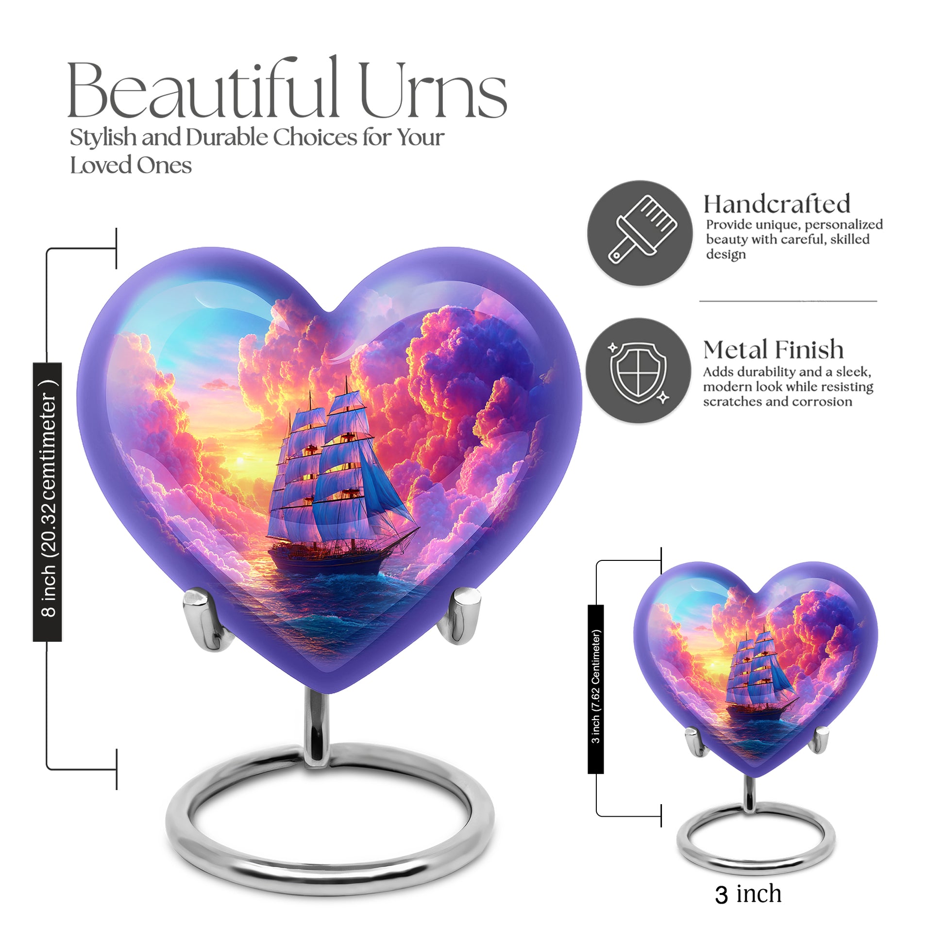 Lavender Purple Boat Cremation Urn front view showing detailed design - romantic heart urn with boat motif on aluminum - mini keepsake memorial for portion of cremation ashes
