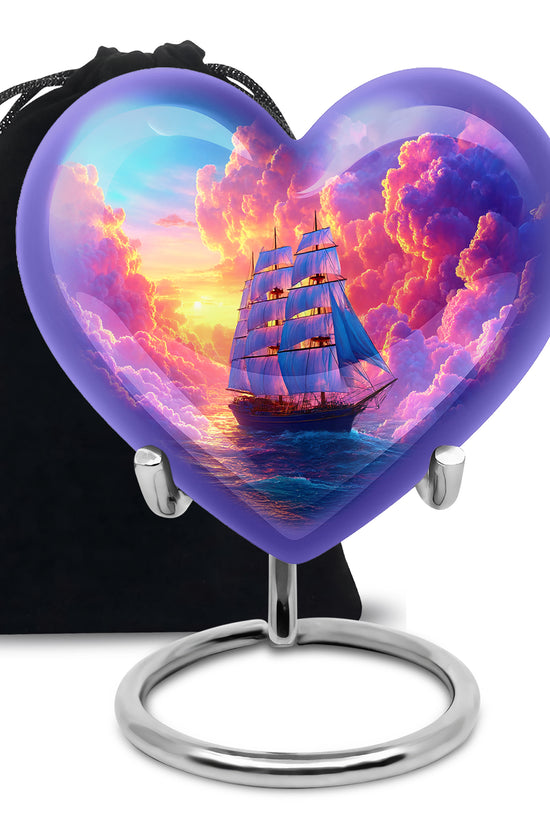 Twilight Purple Boat Cremation Urn detail view - compassionate heart-boat combination with gentle curves - full-size 10 inch 200 cubic inch adult cremation urn