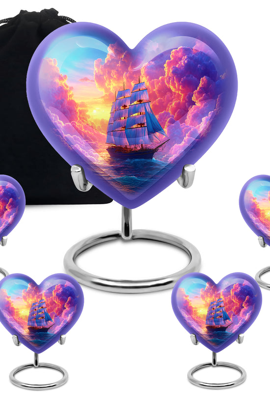Royal Purple Boat Cremation Urn close-up of engraving and surface detail - romantic heart urn with boat motif on aluminum - memorial set with one large and four small urns