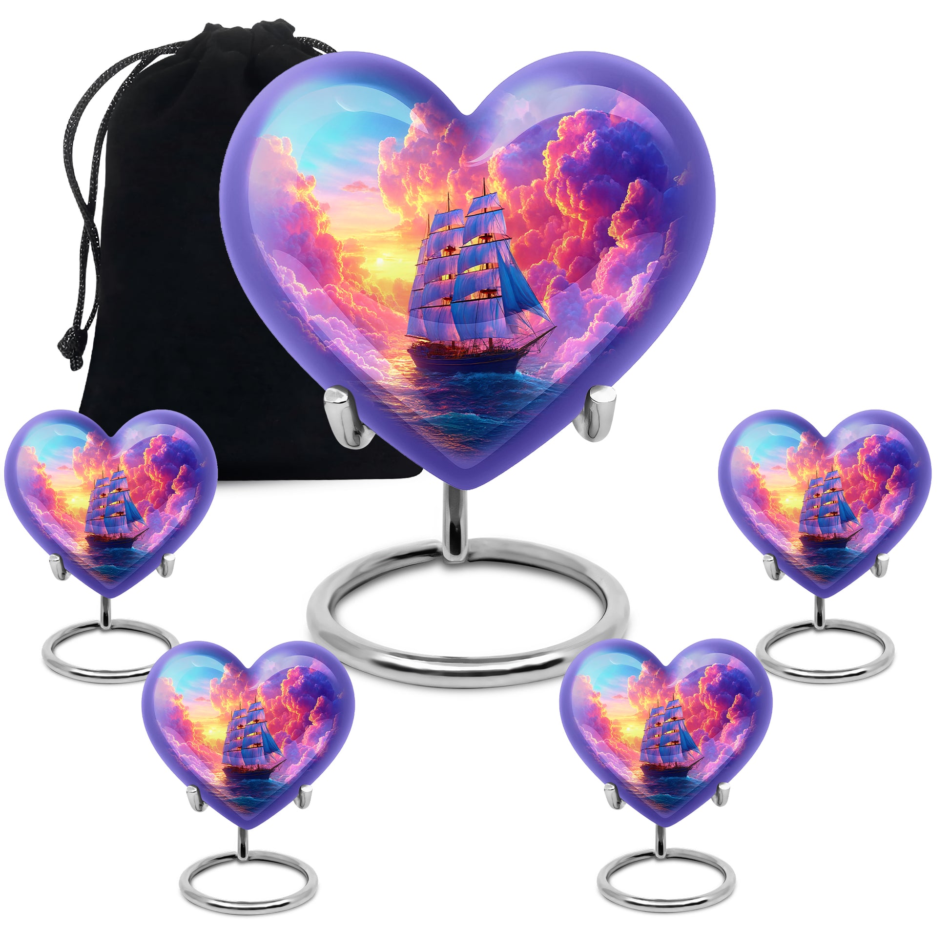 Royal Purple Boat Cremation Urn close-up of engraving and surface detail - romantic heart urn with boat motif on aluminum - memorial set with one large and four small urns