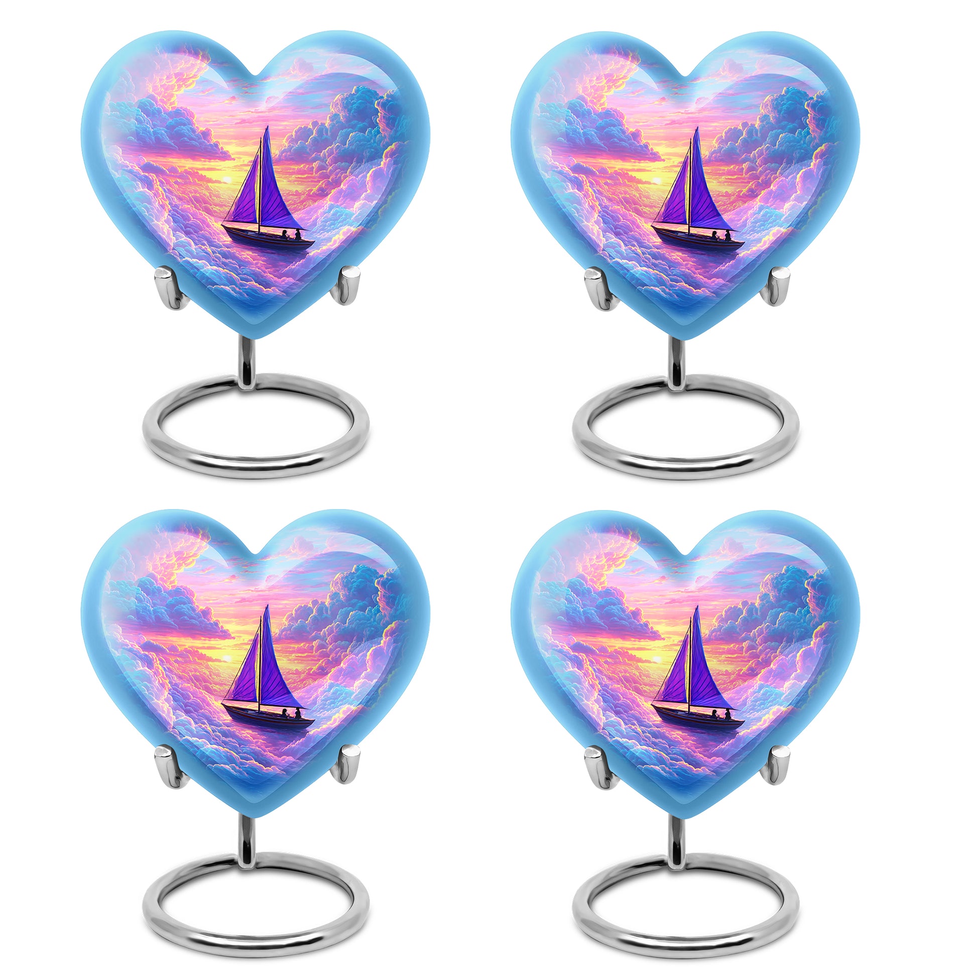 Calming Blue Boat Cremation Urn angled view of lid and engraved motif - compassionate heart-boat combination with gentle curves - 10 inch aluminum urn for cremated remains