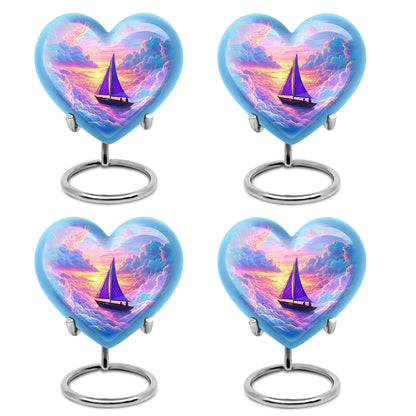 Calming Blue Boat Cremation Urn angled view of lid and engraved motif - compassionate heart-boat combination with gentle curves - 10 inch aluminum urn for cremated remains