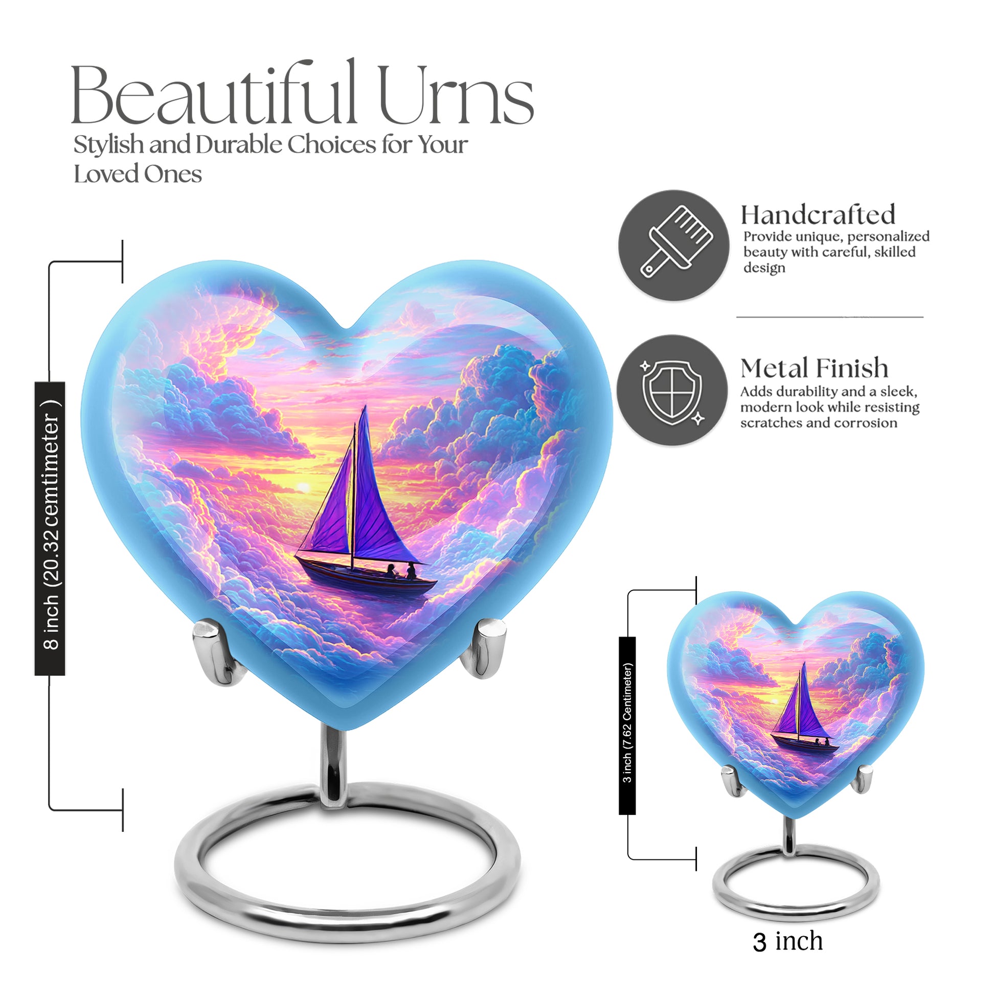 Misty Blue Boat Cremation Urn front view showing detailed design - heart-shaped boat design symbolizing eternal love - mini keepsake memorial for portion of cremation ashes