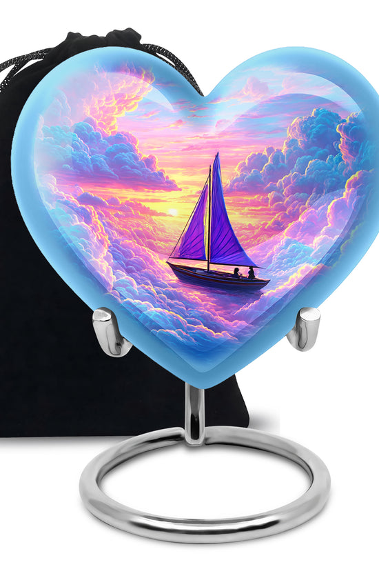 Pastel Blue Boat Cremation Urn detail view - loving heart memorial featuring boat pattern - full-size 10 inch 200 cubic inch adult cremation urn