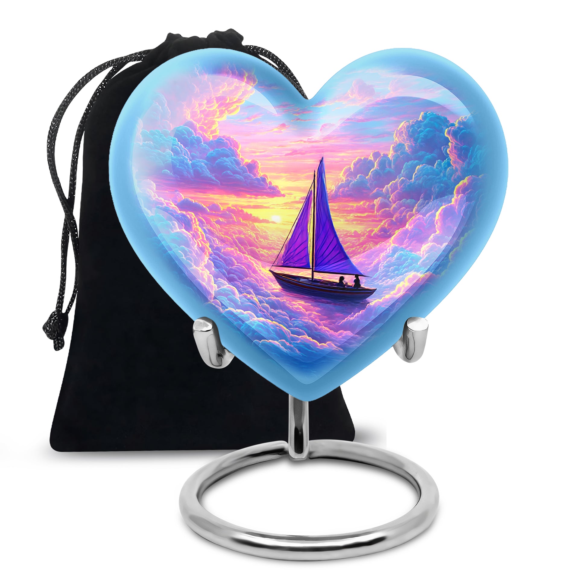 Pastel Blue Boat Cremation Urn detail view - loving heart memorial featuring boat pattern - full-size 10 inch 200 cubic inch adult cremation urn