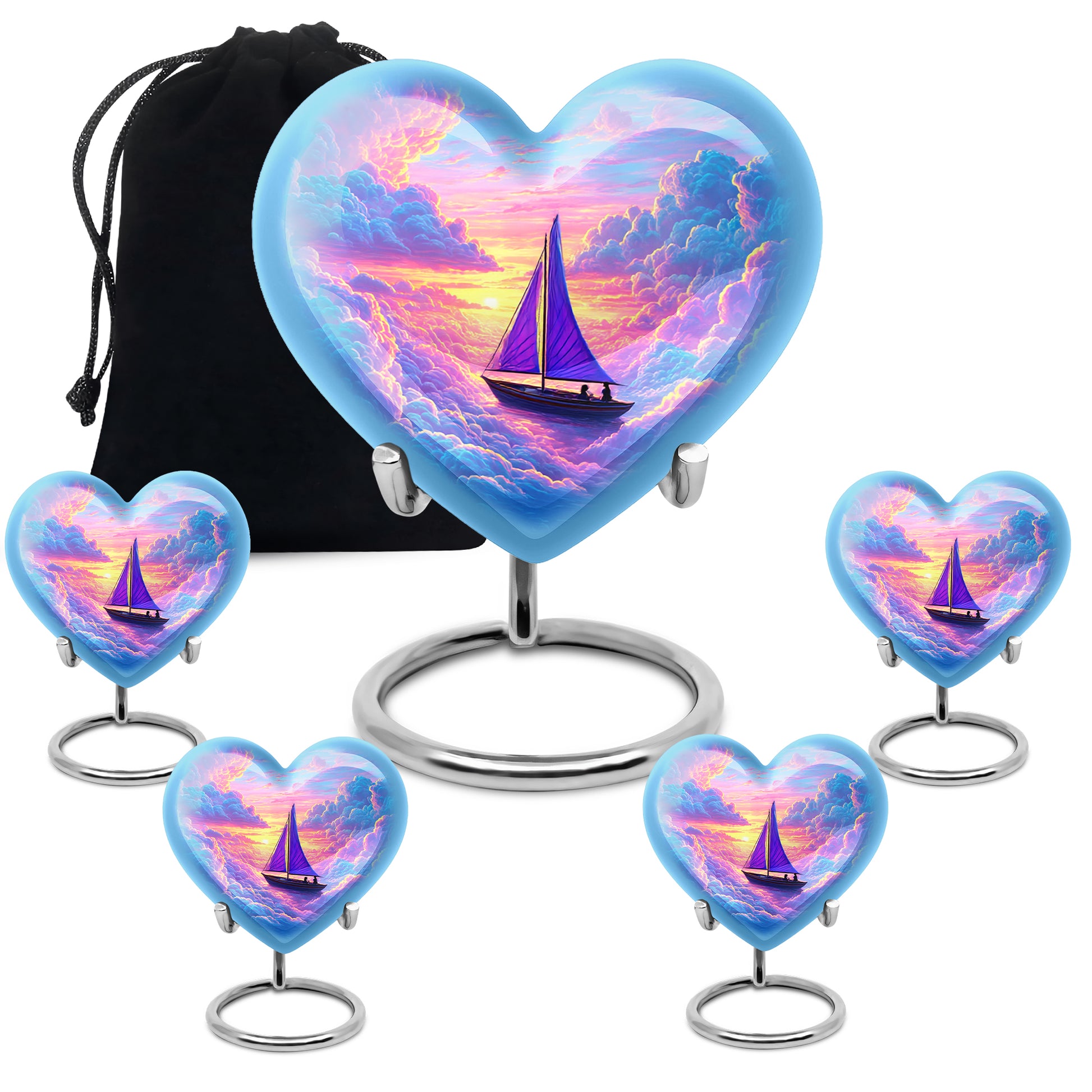 Sapphire Blue Boat Cremation Urn close-up of engraving and surface detail - romantic heart urn with boat motif on aluminum - memorial set with one large and four small urns