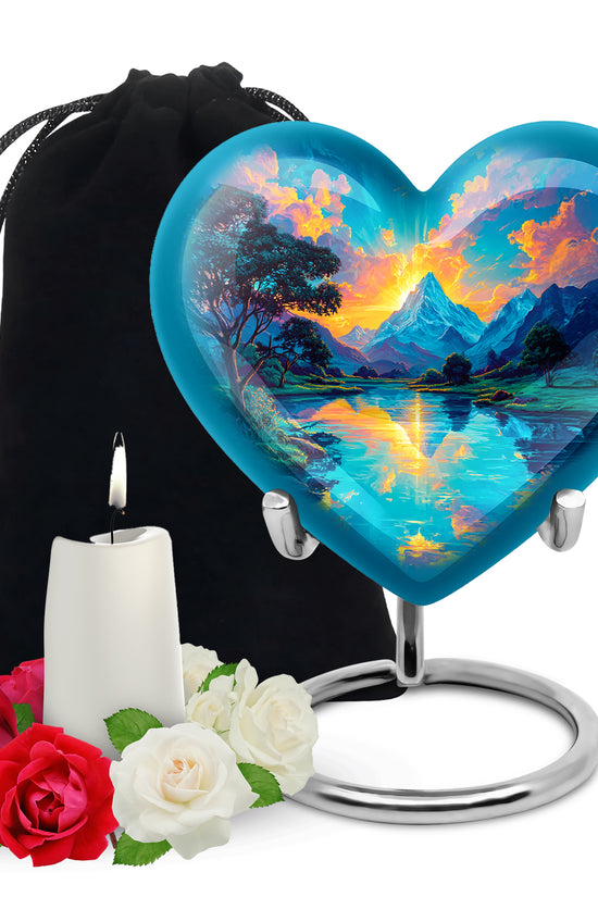 Sunset Mountain Lake Cremation Urn - Peaceful Nature Funeral Urn For Adult Ashes