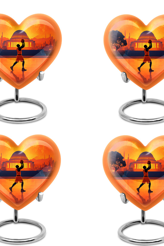 Garnet Red Basketball Cremation Urn angled view of lid and engraved motif - loving heart memorial featuring basketball pattern - 10 inch aluminum urn for cremated remains