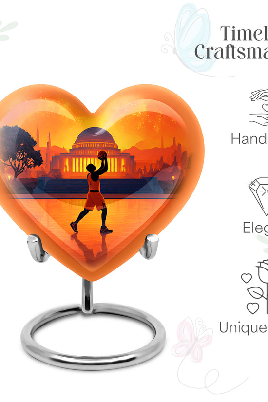 Fiery Red Basketball Cremation Urn front view showing detailed design - romantic heart urn with basketball motif on aluminum - mini keepsake memorial for portion of cremation ashes