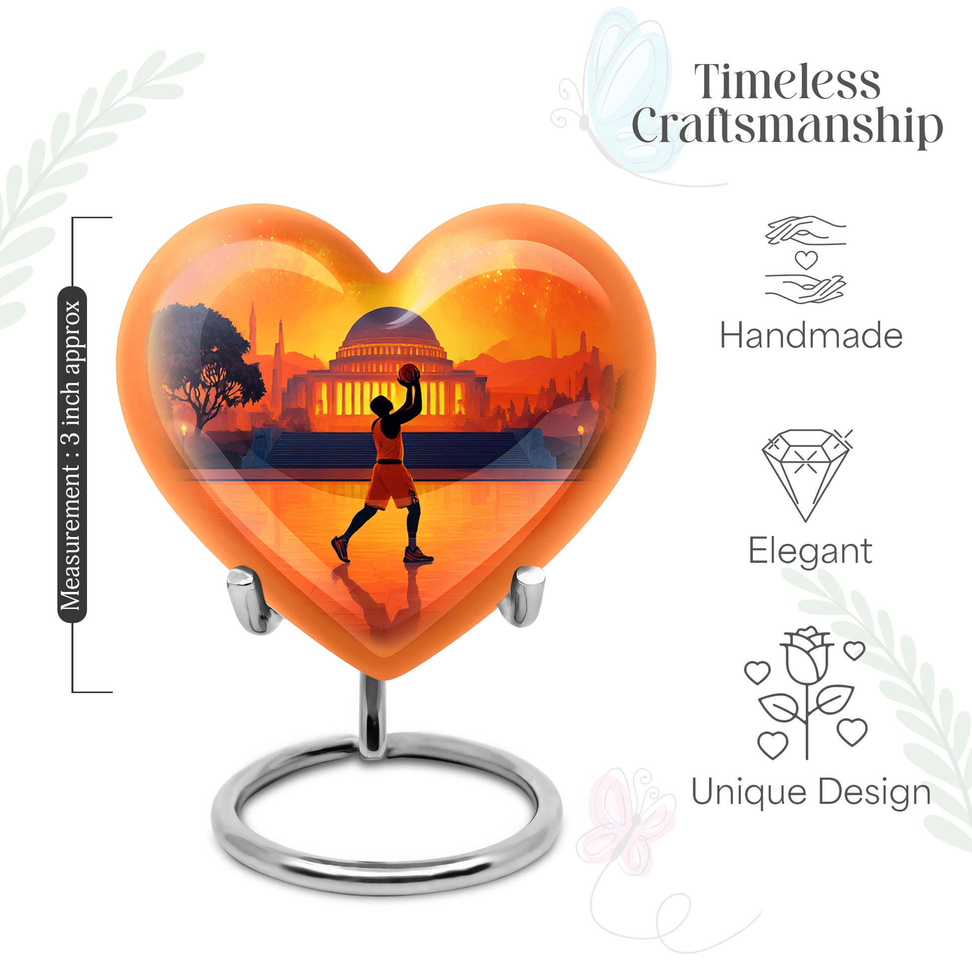 Fiery Red Basketball Cremation Urn front view showing detailed design - romantic heart urn with basketball motif on aluminum - mini keepsake memorial for portion of cremation ashes
