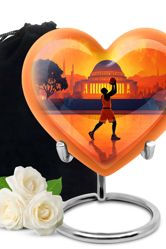 Rich Red Basketball Cremation Urn detail view - compassionate heart-basketball combination with gentle curves - full-size 10 inch 200 cubic inch adult cremation urn