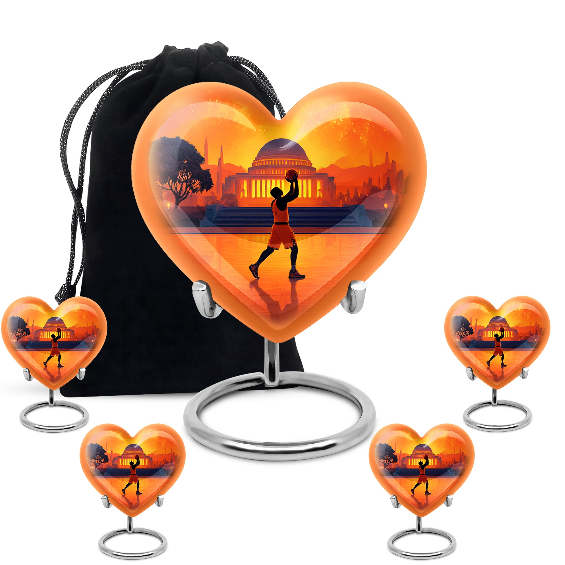 Burgundy Red Basketball Cremation Urn close-up of engraving and surface detail - heart-shaped basketball design symbolizing eternal love - memorial set with one large and four small urns