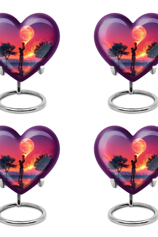 Misty Blue Basketball Cremation Urn angled view of lid and engraved motif - heart-shaped basketball design symbolizing eternal love - 10 inch aluminum urn for cremated remains