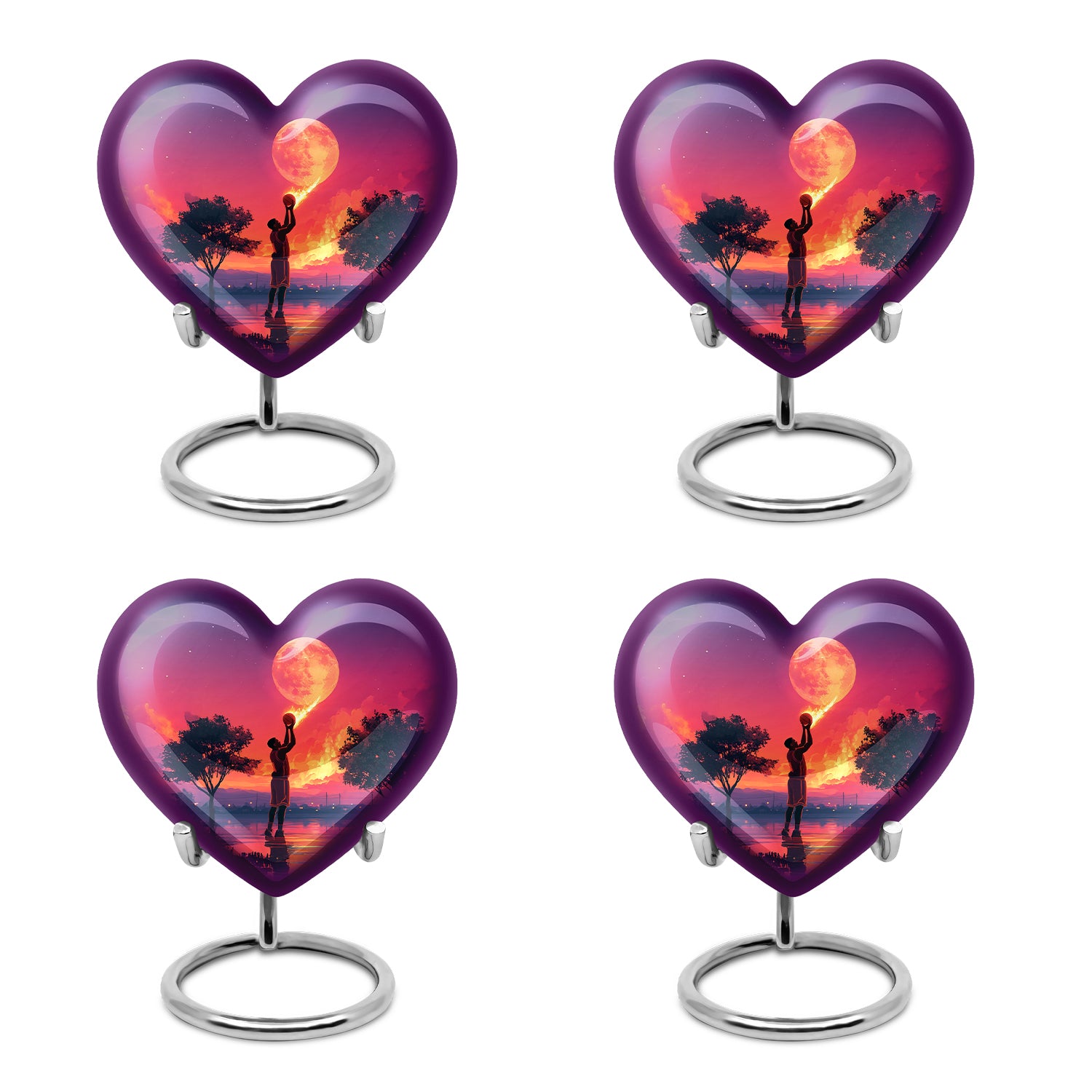 Misty Blue Basketball Cremation Urn angled view of lid and engraved motif - heart-shaped basketball design symbolizing eternal love - 10 inch aluminum urn for cremated remains