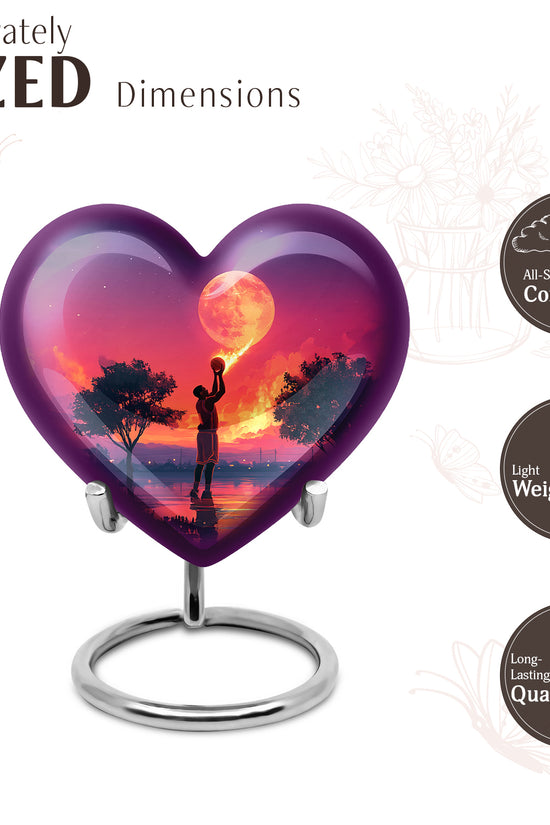 Royal Blue Basketball Cremation Urn front view showing detailed design - compassionate heart-basketball combination with gentle curves - mini keepsake memorial for portion of cremation ashes