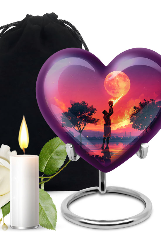 Misty Blue Basketball Cremation Urn detail view - heart-shaped basketball design symbolizing eternal love - full-size 10 inch 200 cubic inch adult cremation urn
